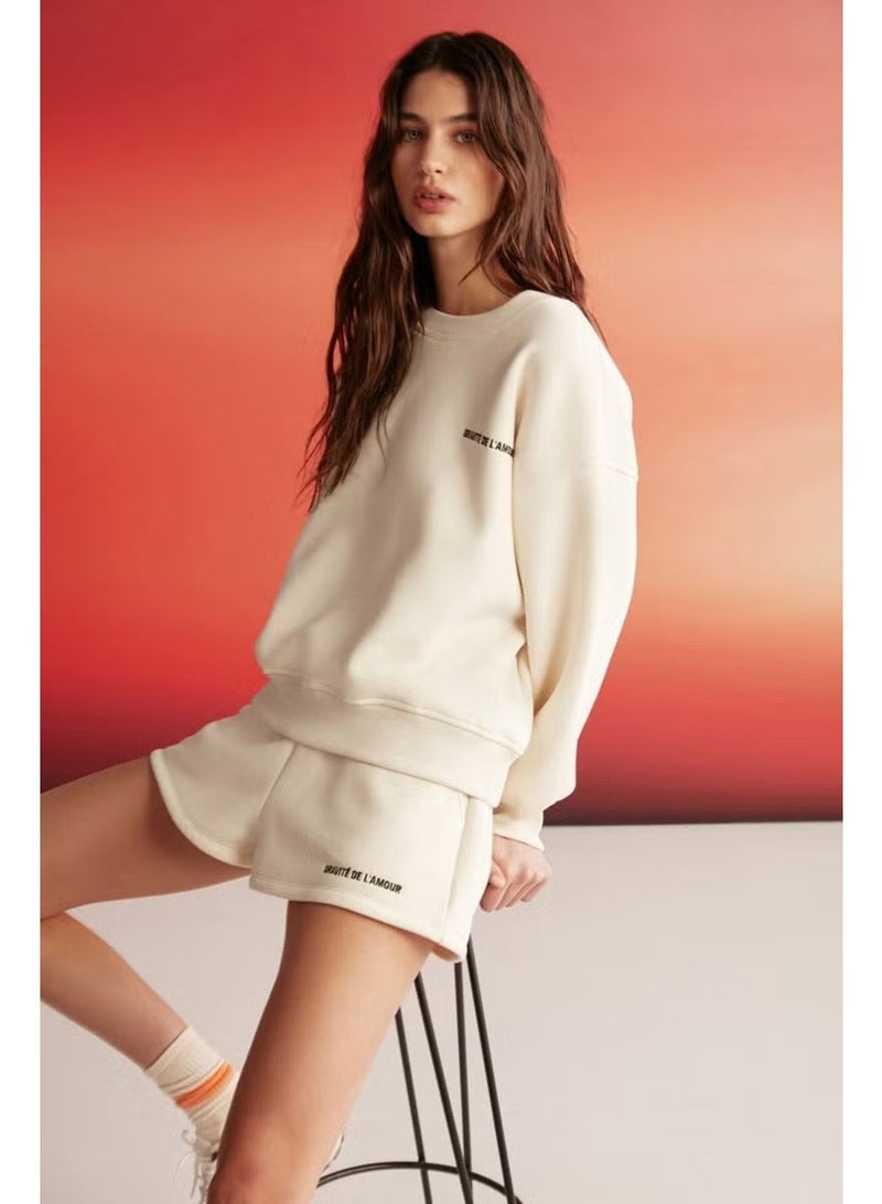 GRIMELANGE Jennifer Women's Crew Neck Printed Detail Vanilla Sweatshirt - Image 1